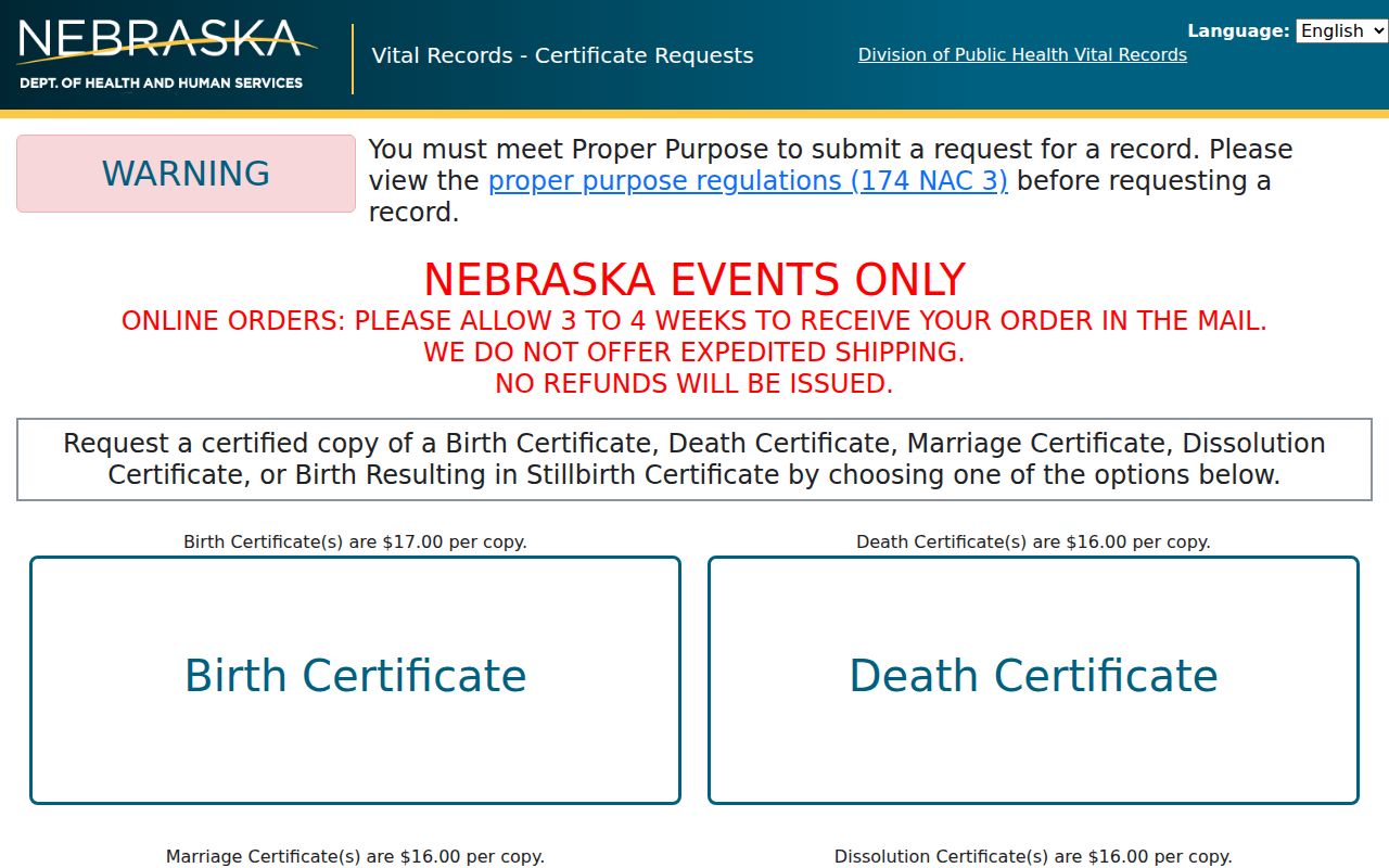Papillion residents directory view of Nebraska eVitalRecords ordering portal