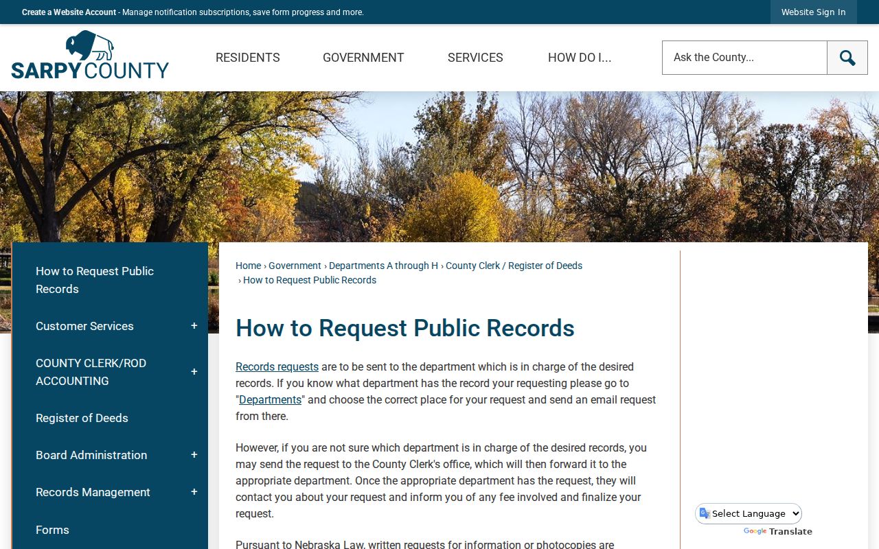 Papillion residents directory view of Sarpy public-records request information