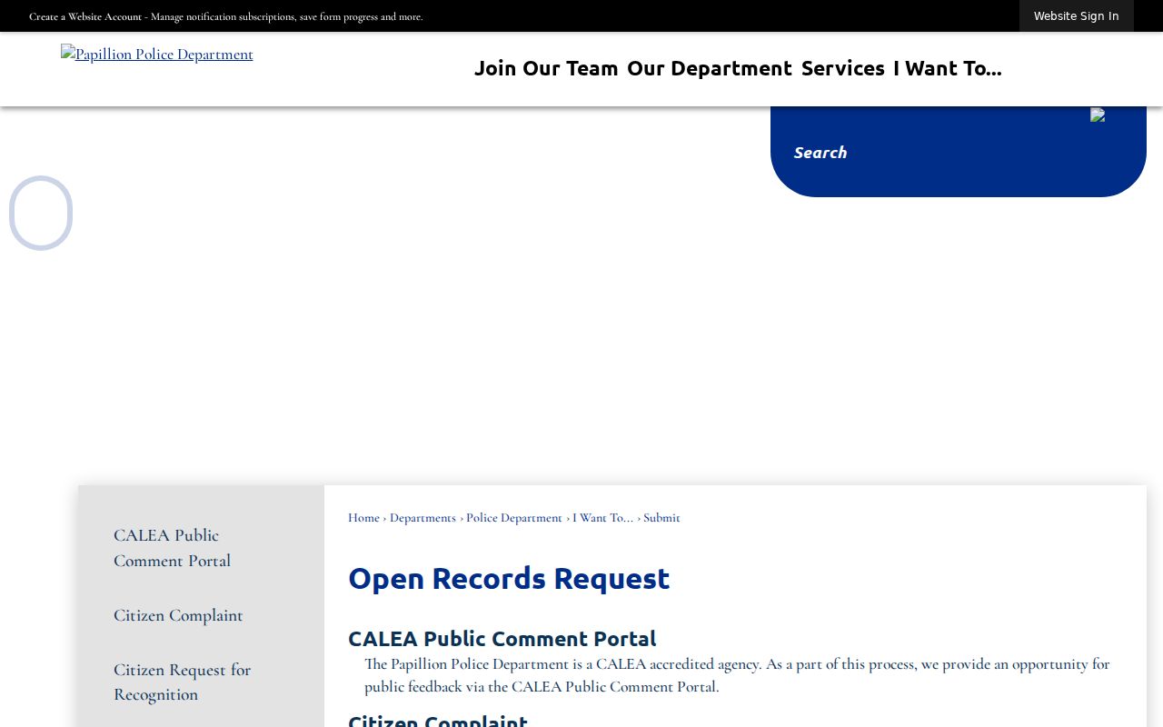 Papillion neighbors research: city public-records submission page