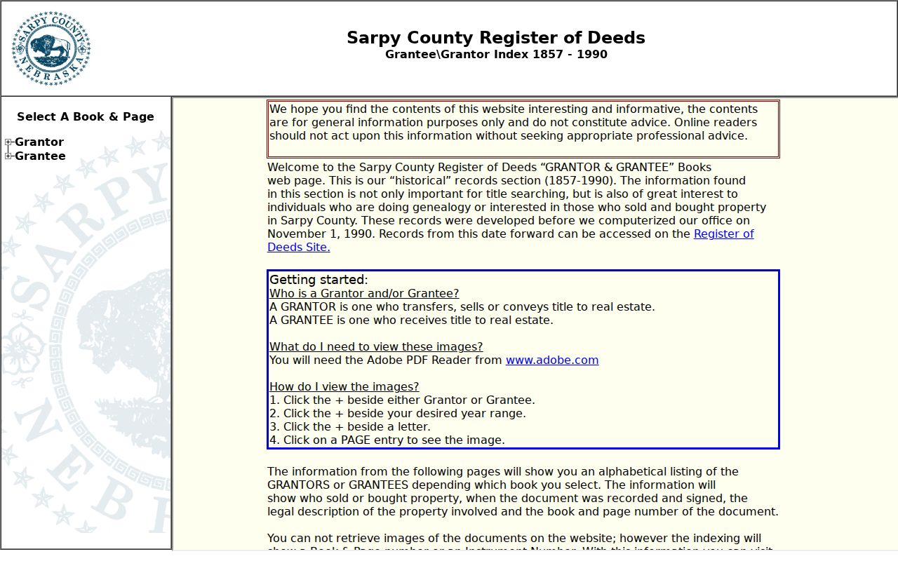 Papillion previous residents Sarpy legacy grantor grantee index